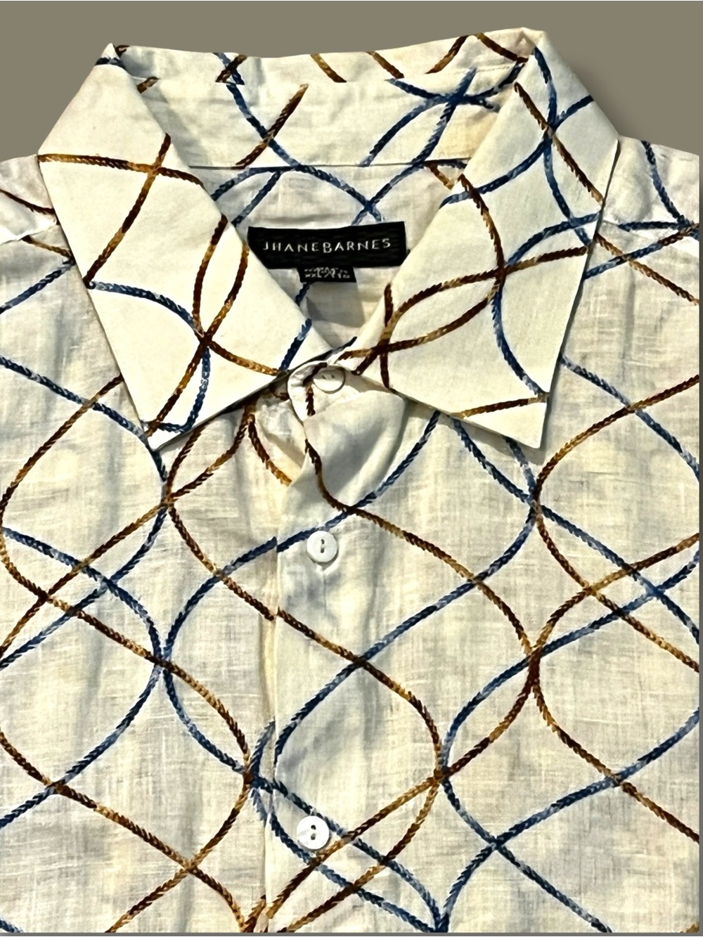 Jhane Barnes Linen Shirt Mens XXL Short Sleeve Embroidered Geometric Designer